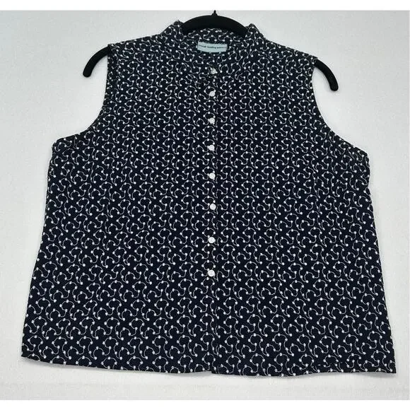 Marsh Landing Petites  Navy w/ White Flowers Button Down Sleeveless Vest PL - Picture 3 of 6